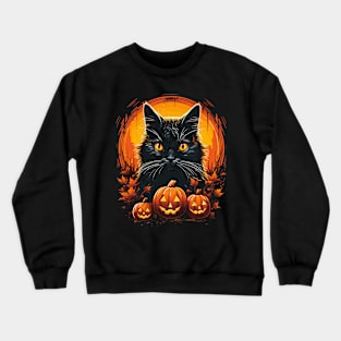 Retro Vintage Style Halloween Black Cat, Pumpkin Orange Moon Crewneck Sweatshirt